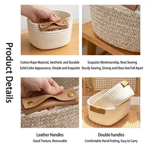 Handwoven cotton rope storage basket with detachable leather handles for home organizing