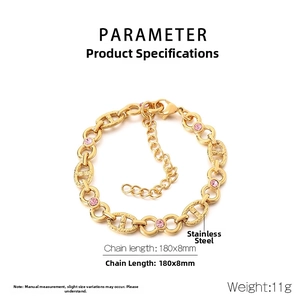 Detail showing 8mm pink cubic zirconia gold-plated stainless steel chain measurements