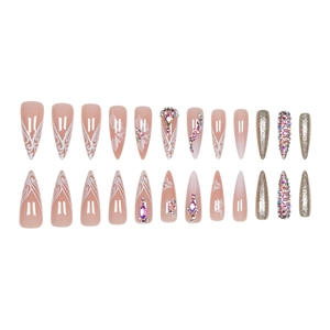 24pcs long stiletto press-on nails with floral art, sparkling rhinestones and silver glitter
