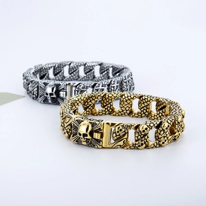 Men's punk style skull head stainless steel cuban link bracelet in gold and silver