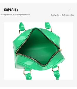 Top view detail of neon green jelly bag showing spacious interior capacity for daily items