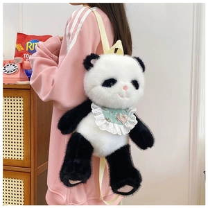 Detailed view of plush panda backpack featuring lace bow tie and beige shoulder straps