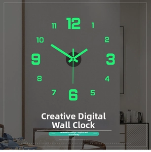 Luminous green DIY wall clock featuring large Arabic numerals on a dark grey wall background