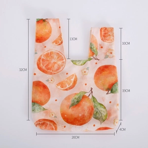 Detailed size chart of orange fruit print velvet wrist bag showing dimensions and height