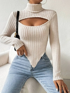 Beige ribbed knit long sleeve crop top with chest cutout and asymmetric hem design