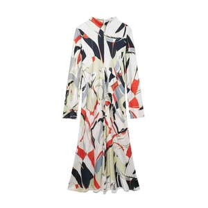 Women Long Sleeve Geometric Print Maxi Dress Elegant Satin Lapel Collar High Waist Urban Slim Fit Long Shirt Dress