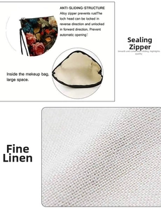 Detail of floral makeup bag featuring non-slip alloy zipper and spacious linen interior