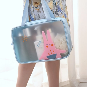 Blue transparent PVC cartoon rabbit makeup bag with durable handles for travel storage