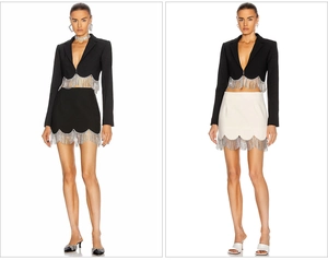 Detail of winter high-waist black blazer sets with elegant silver rhinestone fringe trim