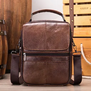 Men Genuine Leather Messenger Bag Vertical Top Layer Cowhide Shoulder Crossbody Handbag Business Casual Travel Solid