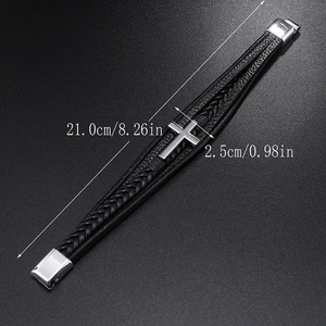 Detailed dimensions of braided leather cross bracelet showing length 21cm and cross width