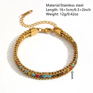 18k gold plated stainless steel Cuban chain bracelet with colorful square rhinestones