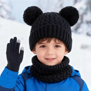 Kids winter set with double pom-pom knit hat, warm neck gaiter, and touch gloves in black