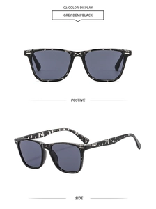 Front and side profile views of grey demi and black square frame sunglasses