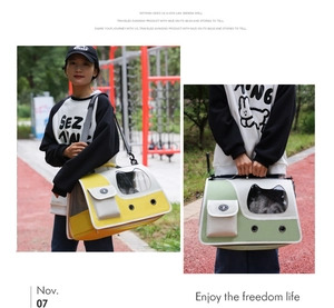 Detail view of pet carrier showing the cat-head window and durable canvas material