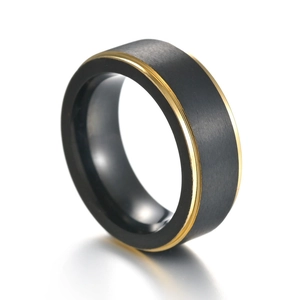 8mm black brushed matte titanium steel ring with polished gold edges for men