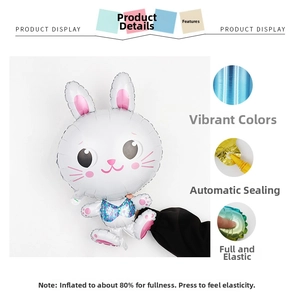 Detail view of cartoon rabbit foil balloon featuring auto-seal valve and glossy texture