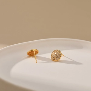 Elegant 18K gold-plated round stud earrings with shimmering pave zircon stones for women
