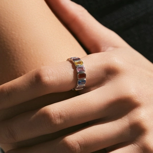 Elegant S925 silver eternity ring with colorful square-cut gems for women