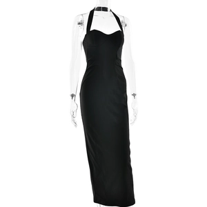 Detailed full view of a slim fit black halter neck long dress with side slit design