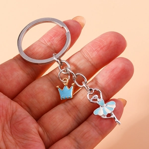 Blue ballet dancer and crown keychain pendant for handbags with silver ring