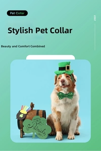 Green St. Patrick's Day pet collar set with shamrock bow and matching hat for dogs