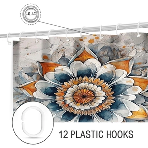 Detail of metal grommets and 12 white plastic hooks for mandala shower curtain