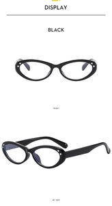Detailed front and side view of black cat-eye eyeglass frames with silver heart rivets