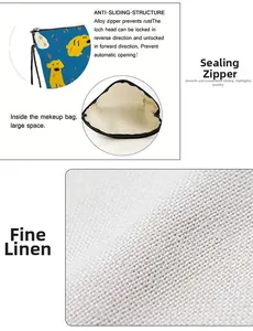 Detailed views of linen makeup bag showing durable zipper and spacious inner capacity