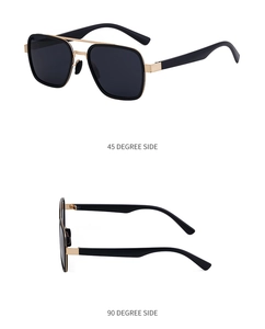 Polarized sunglasses in black and gold showing 45 and 90 degree side view angles