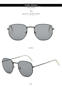 Front and side angle views of retro square sunglasses with slim black metal frames