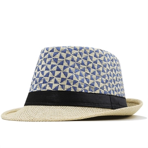 Panama straw hat with blue geometric patterns and black ribbon for sun protection