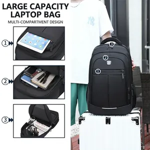 Large capacity black travel laptop backpack with multi-layer storage compartments