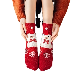 Christmas red coral fleece socks with white 3D plush bear and snowflake patterns