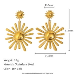 Vintage 18K gold plated stainless steel sun pendant earrings with dimensions shown