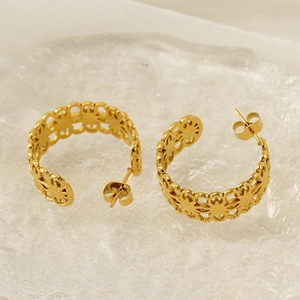 Polished gold geometric openwork flower pattern stainless steel C-shaped hoop earrings