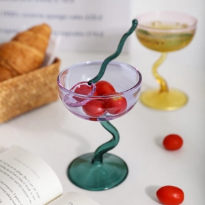 French vintage glass sundae cups with colorful S-shaped stems for dessert and milkshakes