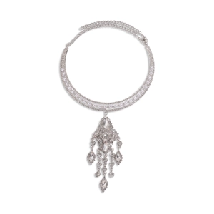 Elegant silver multi-layer choker necklace with pearls, crystals and tassel pendants