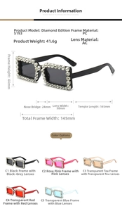 Detailed size specifications for rhinestone rectangular sunglasses in multiple colors