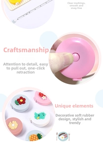 Close-up of portable mini measuring tape with cute cartoon patterns and dual scale tape