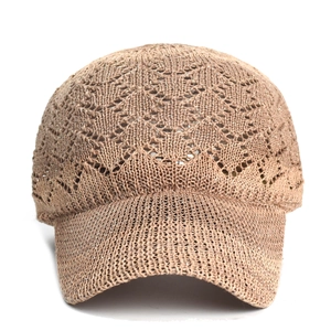 Breathable knit mesh baseball cap with gold wire detailing in dark beige outdoors