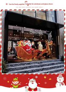 Detailed Christmas window stickers featuring Santa, reindeer, and snowflakes on glass