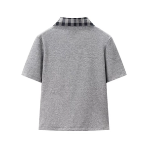 Detail view of the gray polo shirt back with black and white checkered collar stitching