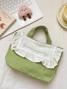 Sweet Ruffle Canvas Handbag Fresh Embroidery Small Tote Bag For Women Student Lunch Bag Casual Travel Mini Purse