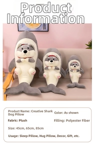 Detailed size comparison of gray shark dog plush pillows in 45cm 65cm and 85cm lengths