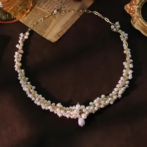 Freshwater Pearl Necklace Hand Woven Gold Plated Copper Vintage Baroque Elegant Jewelry For Women