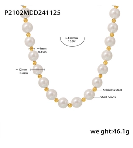 Detail showing 12mm shell pearls with stainless steel gold beads necklace dimensions