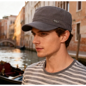 Detail of grey cotton flat top military cap with Sports Style embroidery in Venice