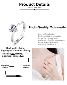 Detail of S925 sterling silver heart moissanite ring with multi-layer plating and model view