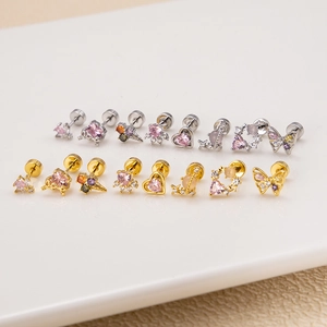 Chic stainless steel cartilage earrings with pink zircon heart and butterfly designs